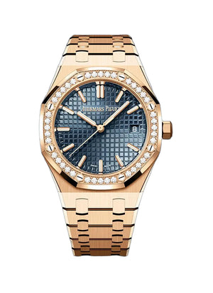 Audemars Piguet Royal Oak women's quartz watch, blue dial, diamond bezel, rose gold bracelet – front view