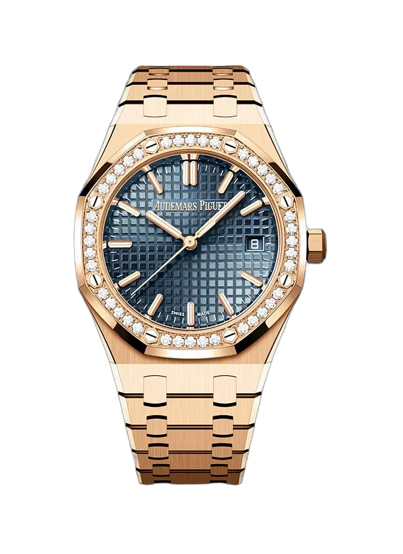Audemars Piguet Royal Oak women's quartz watch, blue dial, diamond bezel, rose gold bracelet – front view