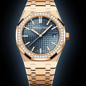 Audemars Piguet Royal Oak women's quartz watch, blue dial, diamond bezel, rose gold bracelet – full front view on dark background