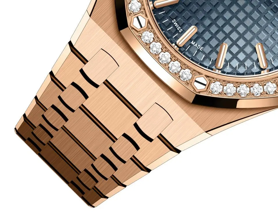 Audemars Piguet Royal Oak women's quartz watch, blue dial, diamond bezel, rose gold bracelet – side close-up