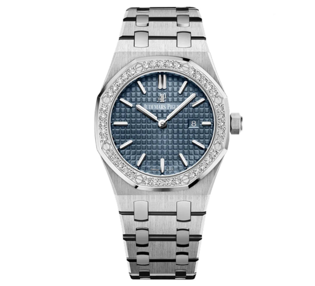 Audemars Piguet Royal Oak women's quartz watch, blue dial, diamond bezel, silver stainless steel bracelet – front view