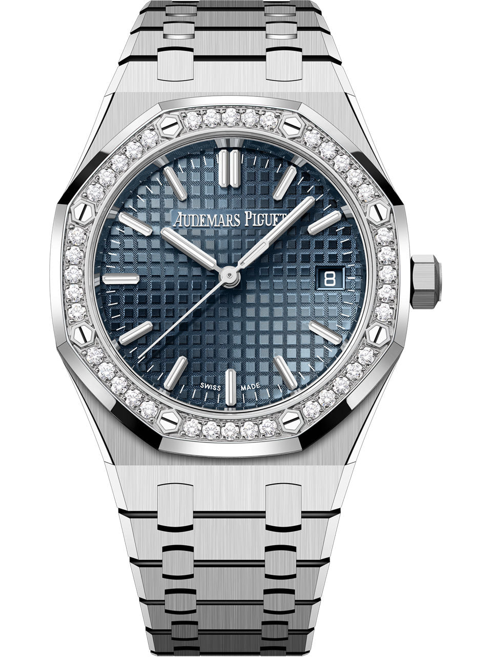 Audemars Piguet Royal Oak women's quartz watch, blue dial, diamond bezel, silver stainless steel bracelet – full front view