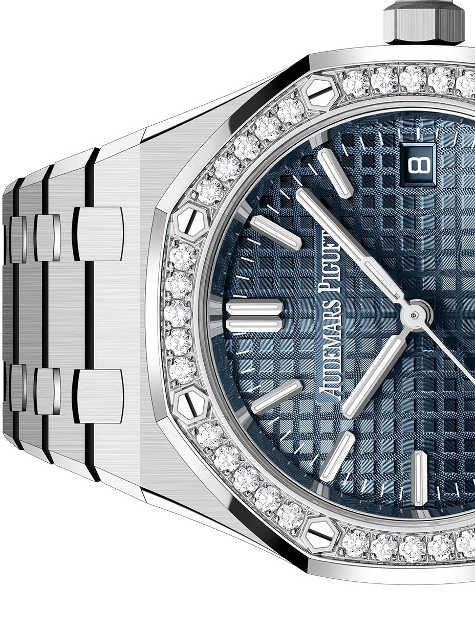 Audemars Piguet Royal Oak women's quartz watch, blue dial, diamond bezel, silver stainless steel bracelet – side close-up