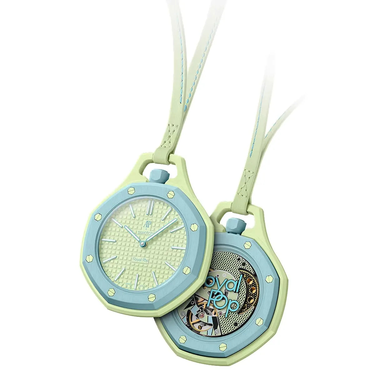 Light blue and green watch with a detailed face on a white background