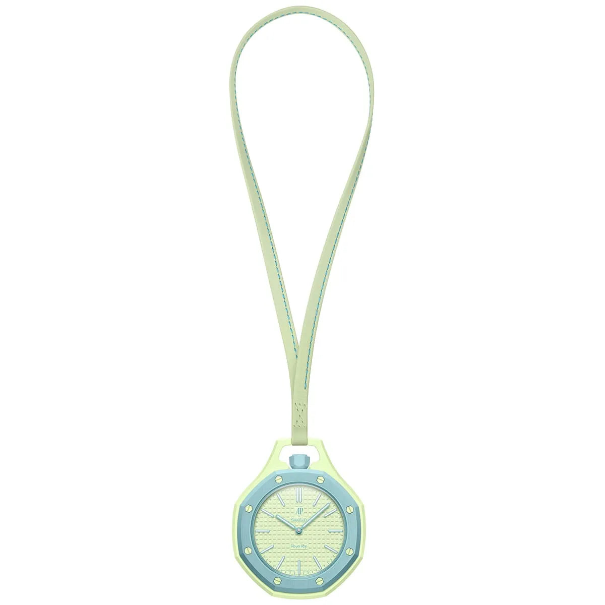 Small round watch with a green strap on a white background