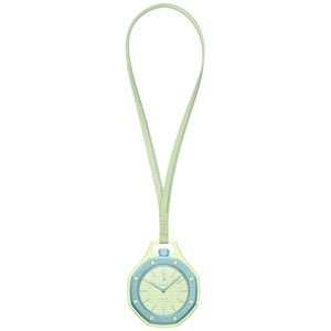 Small round watch with a green strap on a white background