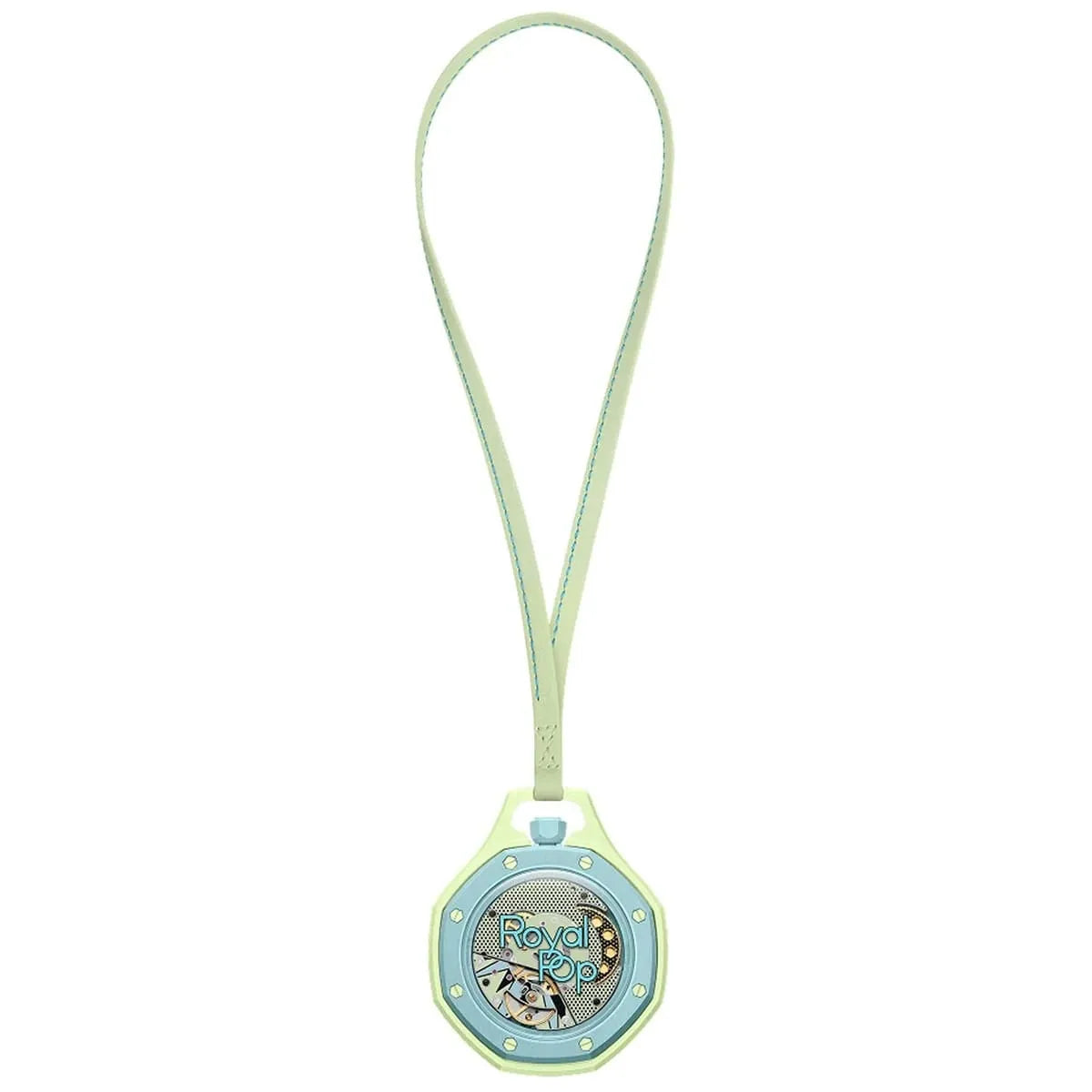 Green and blue device with a lanyard on a white background