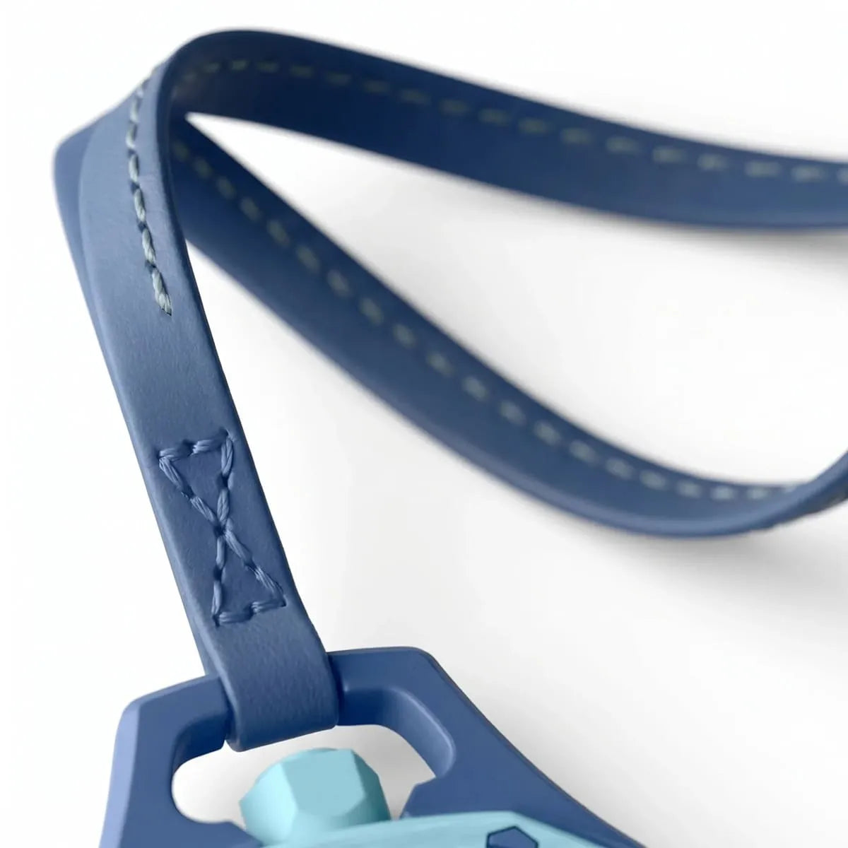 Close-up of a blue dog leash with a white background