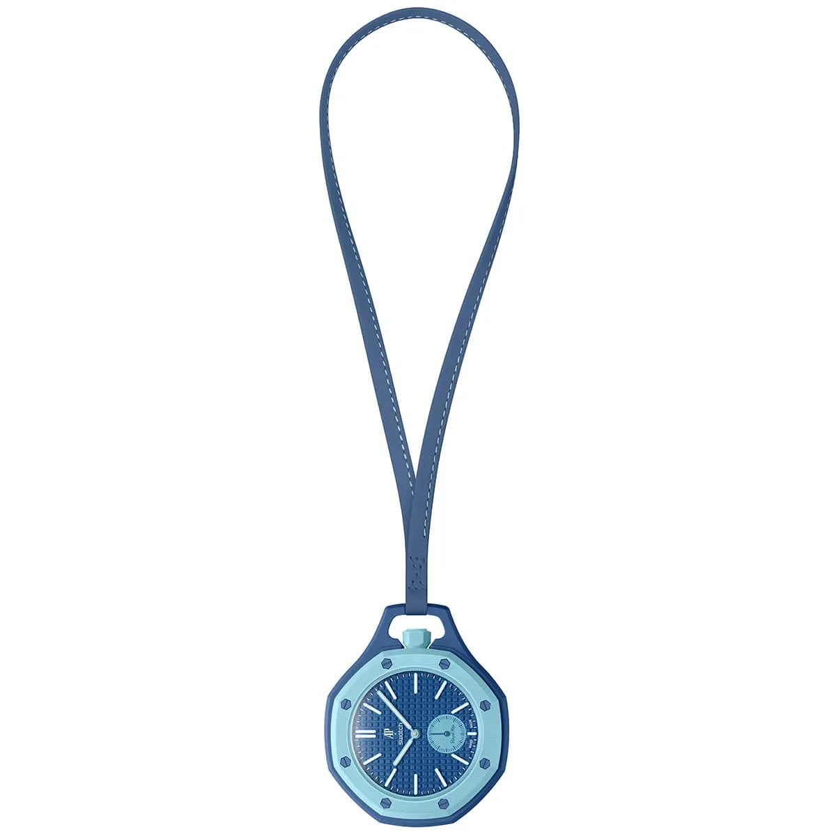Blue lanyard with a round blue device on a white background
