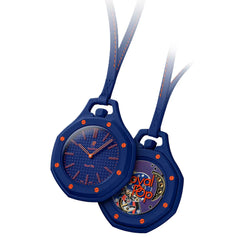 Blue watch with red accents on a white background