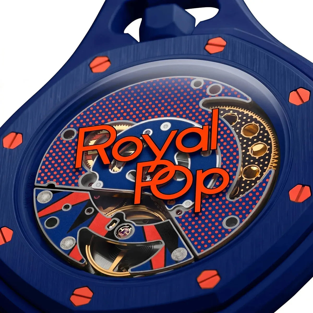 Watch with 'Royal Pop' branding on a blue and red background