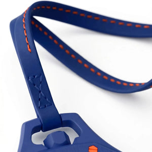 Blue dog leash with orange stitching on a white background