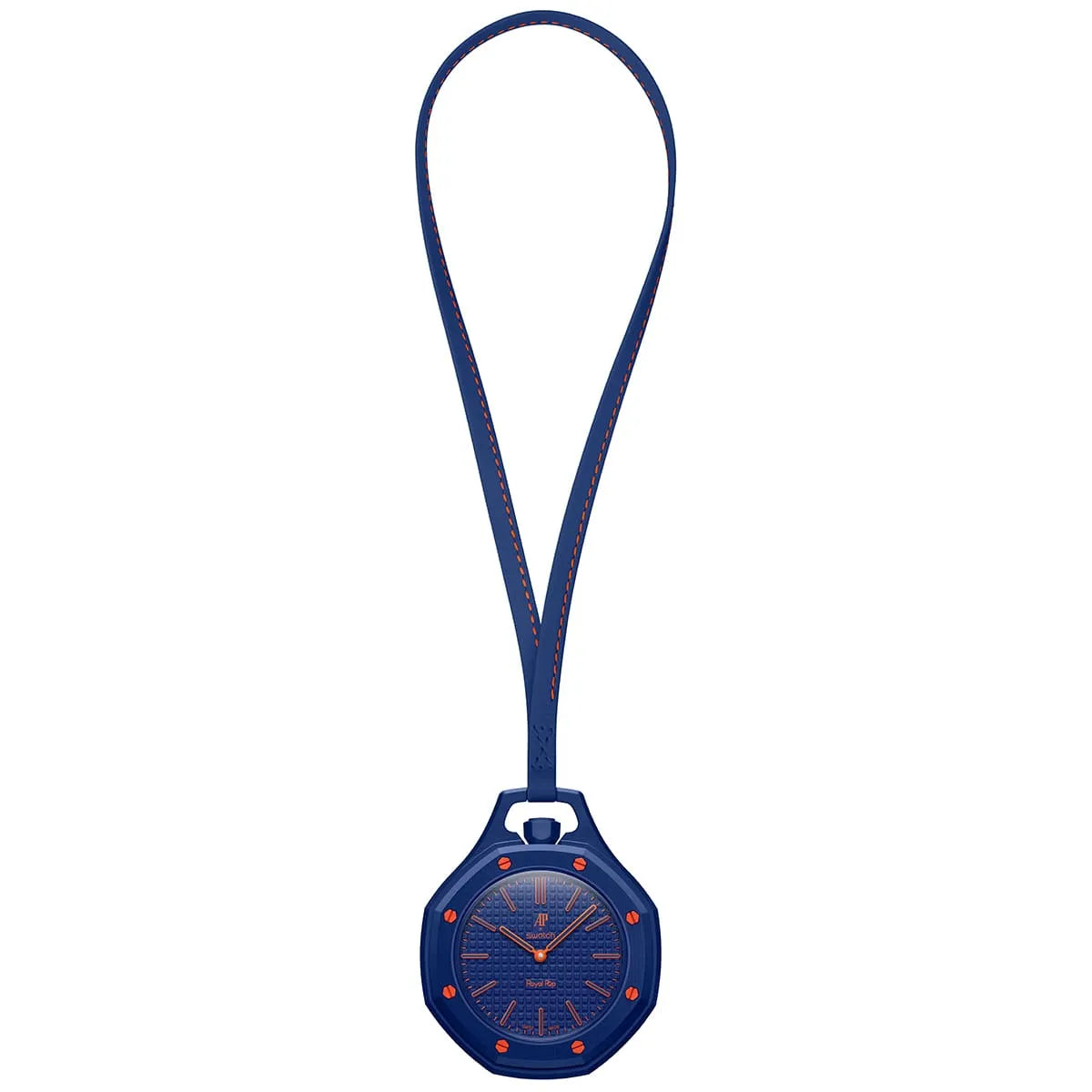 Blue pocket watch with a strap on a white background