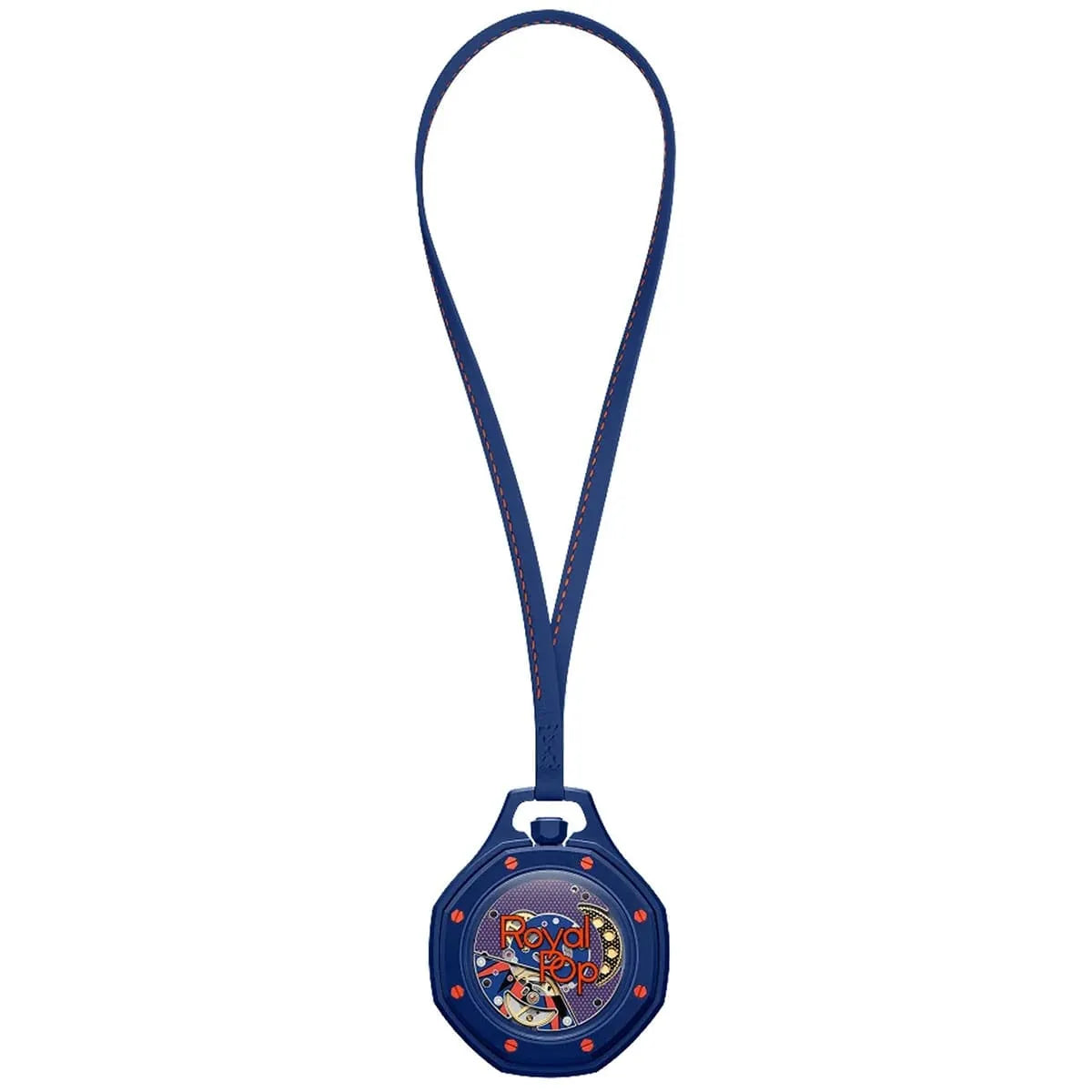Blue lanyard with a colorful pendant on a white background