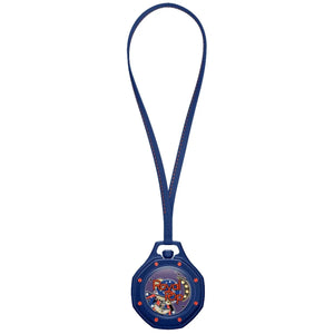 Blue lanyard with a colorful pendant on a white background