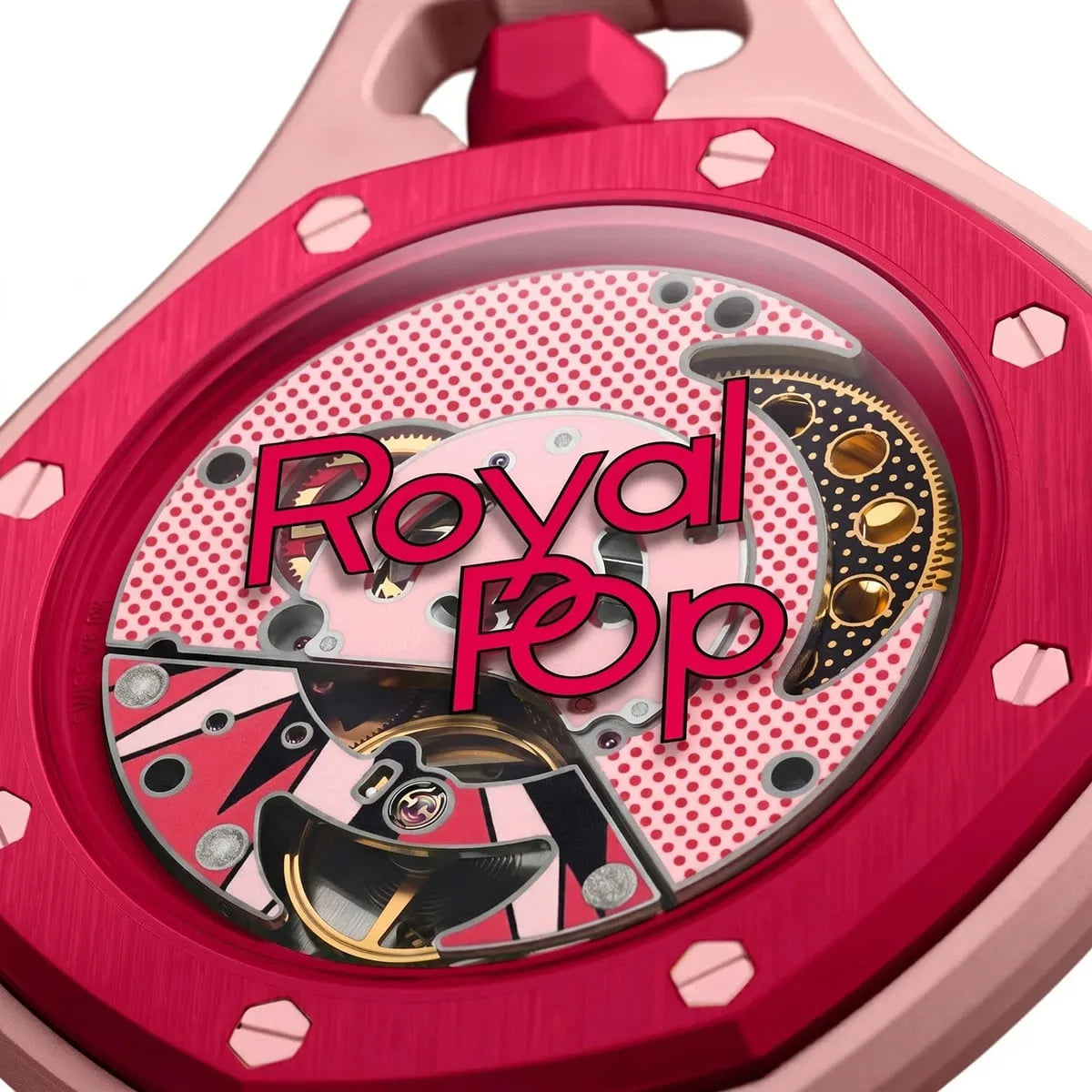 Close-up of a watch with 'Royal Pop' branding on a pink and red background