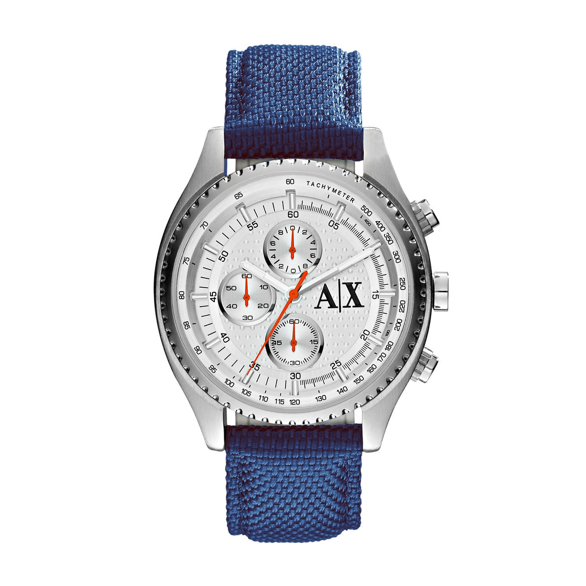 Armani Exchange AX1609 Men's Chronograph Watch – White Dial & Blue Fabric Strap