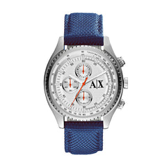 Armani Exchange AX1609 Men's Chronograph Watch – White Dial & Blue Fabric Strap