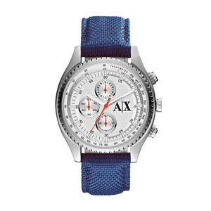 Armani Exchange AX1609 Men's Chronograph Watch – White Dial & Blue Fabric Strap