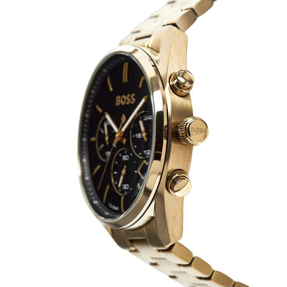 Side profile view of the 11.5mm thick gold-tone stainless steel case of the Hugo Boss Champion