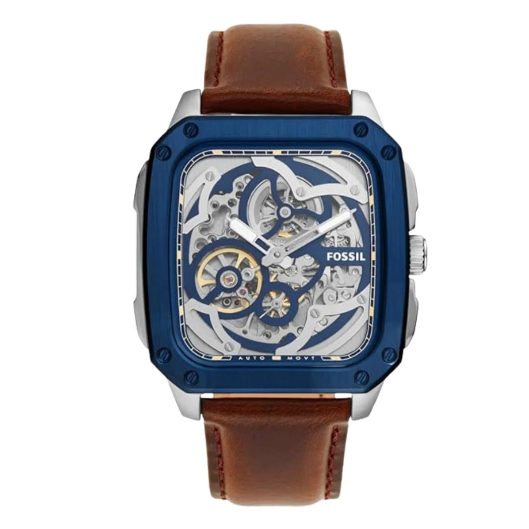 Front view of Fossil BQ2571 men's automatic skeleton watch with brown leather strap.
