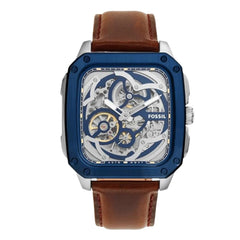 Front view of Fossil BQ2571 men's automatic skeleton watch with brown leather strap.