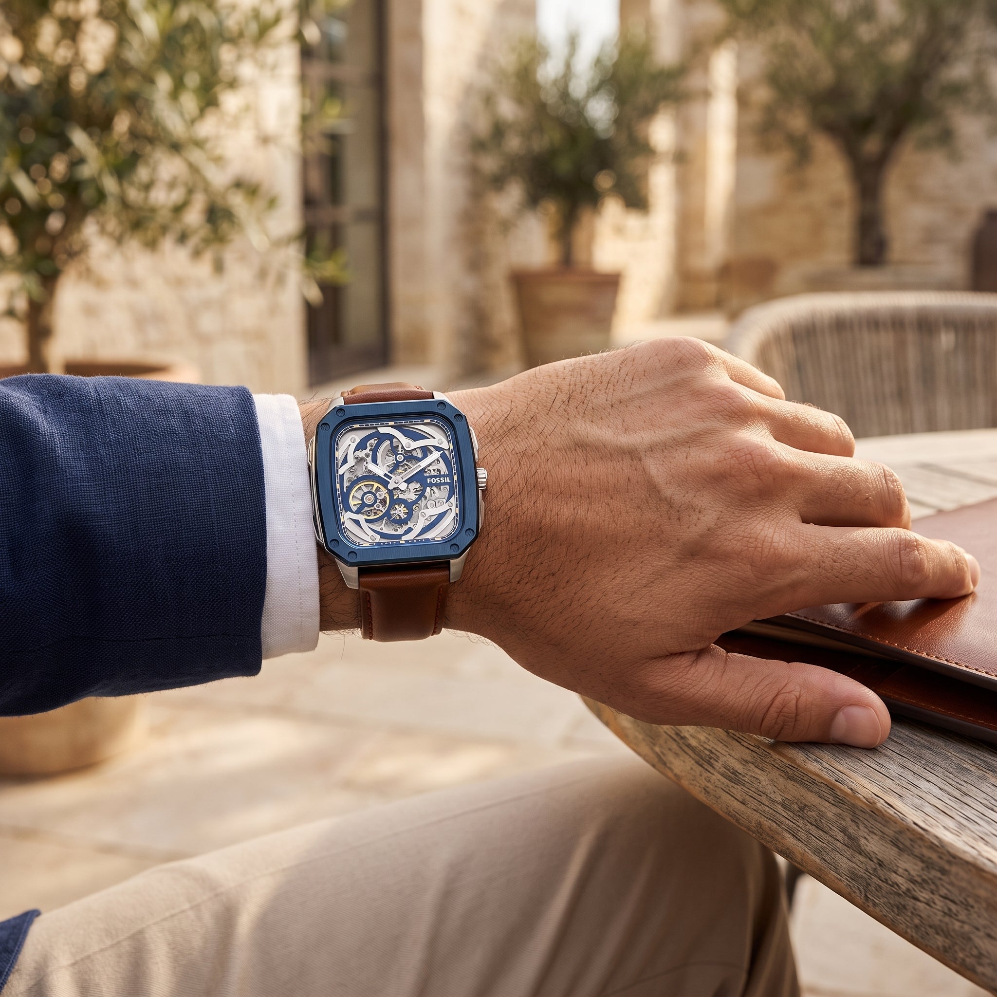 Fossil BQ2571 men's automatic skeleton watch worn on the wrist.