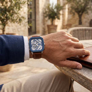 Fossil BQ2571 men's automatic skeleton watch worn on the wrist.