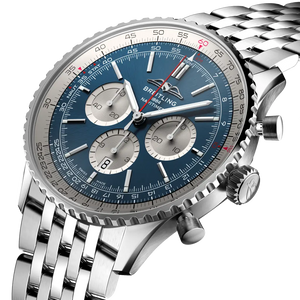 Breitling Navitimer 46mm men's chronograph watch, 46mm stainless steel case, blue dial, steel bracelet – angle view