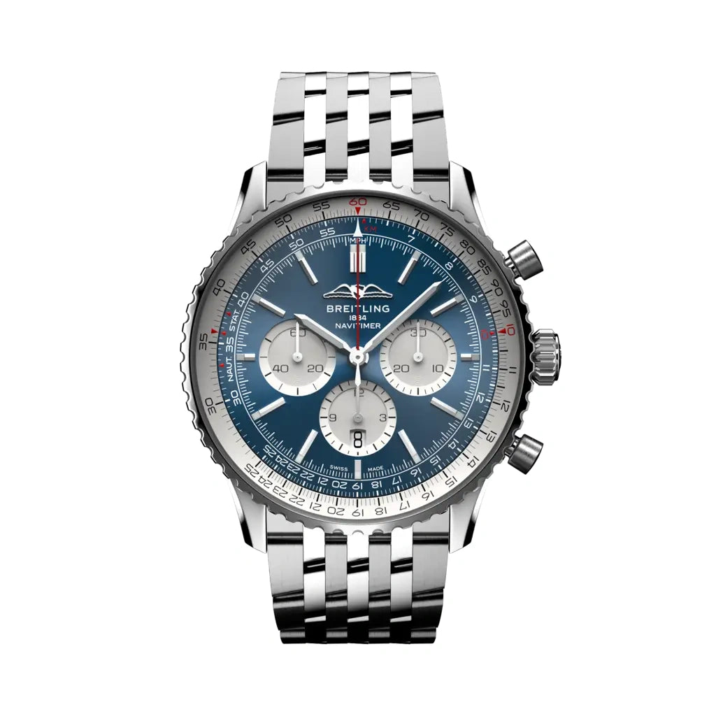 Breitling Navitimer 46mm men's chronograph watch, 46mm stainless steel case, blue dial, steel bracelet – front view