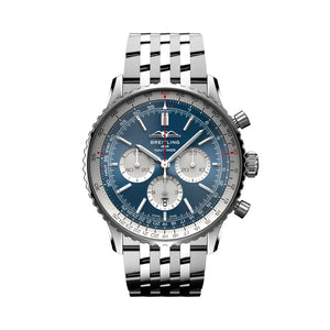 Breitling Navitimer 46mm men's chronograph watch, 46mm stainless steel case, blue dial, steel bracelet – front view
