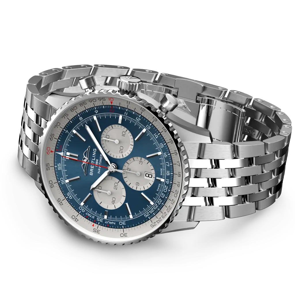 Breitling Navitimer 46mm men's chronograph watch, 46mm stainless steel case, blue dial, steel bracelet – side view