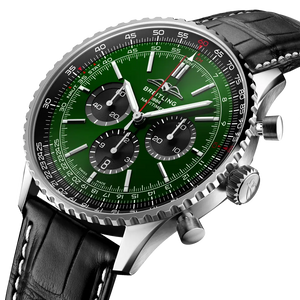 Breitling Navitimer 46mm men's chronograph watch, 46mm stainless steel case, green dial, black leather strap – angle view
