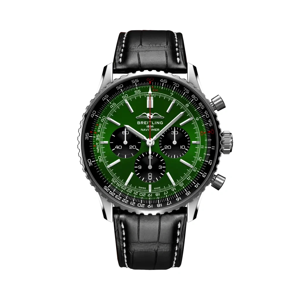 Breitling Navitimer 46mm men's chronograph watch, 46mm stainless steel case, green dial, black leather strap – front view