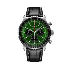 Breitling Navitimer 46mm men's chronograph watch, 46mm stainless steel case, green dial, black leather strap – front view