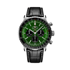 Breitling Navitimer 46mm men's chronograph watch, 46mm stainless steel case, green dial, black leather strap – front view