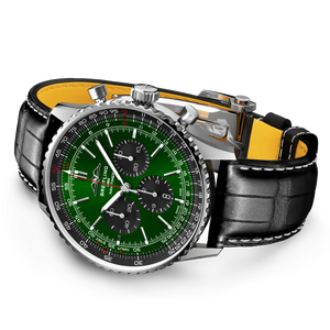 Breitling Navitimer 46mm men's chronograph watch, 46mm stainless steel case, green dial, black leather strap – side view