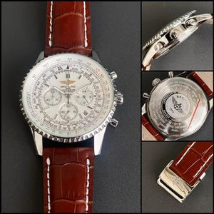 Breitling Navitimer 46mm men's chronograph watch, 46mm stainless steel case, white dial, brown leather strap – front and caseback view