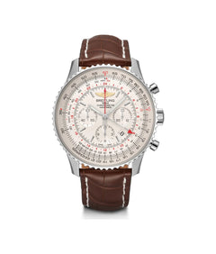 Breitling Navitimer 46mm men's chronograph watch, 46mm stainless steel case, white dial, brown leather strap – front view