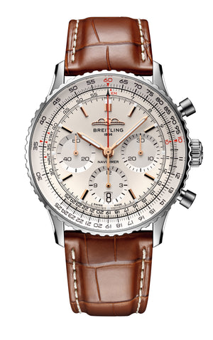 Breitling Navitimer 46mm men's chronograph watch, 46mm stainless steel case, white dial, brown leather strap – full front view