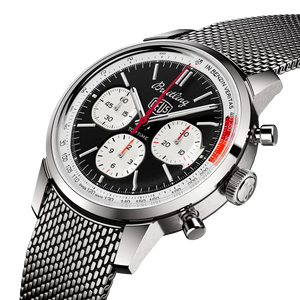 Breitling Top Time B01 Deus AB01765A1B1A1 men's chronograph watch, 41mm stainless steel case, black dial, steel mesh bracelet – angle view
