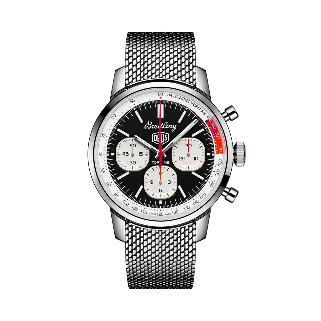 Breitling Top Time B01 Deus AB01765A1B1A1 men's chronograph watch, 41mm stainless steel case, black dial, steel mesh bracelet – front view