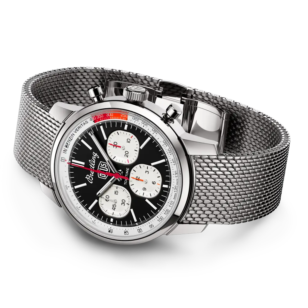 Breitling Top Time B01 Deus AB01765A1B1A1 men's chronograph watch, 41mm stainless steel case, black dial, steel mesh bracelet – side view