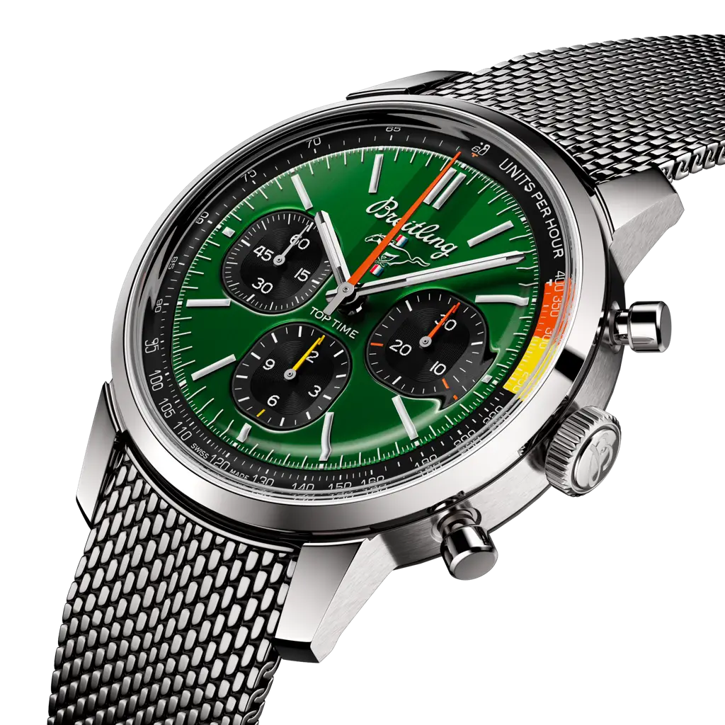 Breitling Top Time B01 Ford Mustang AB01762A1L1A1 men's chronograph watch, 41mm stainless steel case, green dial, steel mesh bracelet – angle view