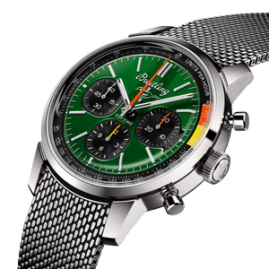 Breitling Top Time B01 Ford Mustang AB01762A1L1A1 men's chronograph watch, 41mm stainless steel case, green dial, steel mesh bracelet – angle view