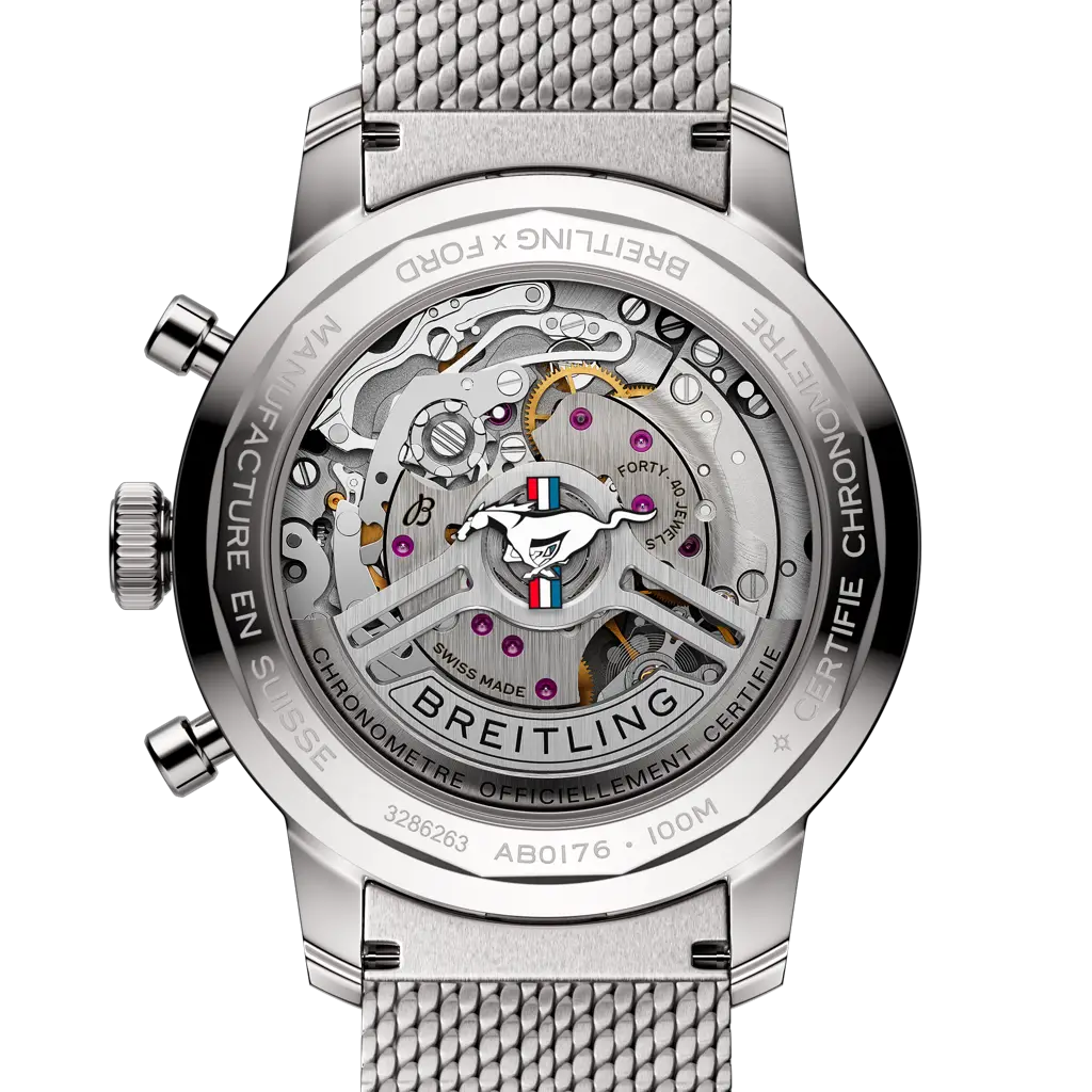 Breitling Top Time B01 Ford Mustang AB01762A1L1A1 men's chronograph watch, 41mm stainless steel case, green dial, steel mesh bracelet – caseback view