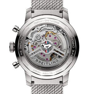 Breitling Top Time B01 Ford Mustang AB01762A1L1A1 men's chronograph watch, 41mm stainless steel case, green dial, steel mesh bracelet – caseback view