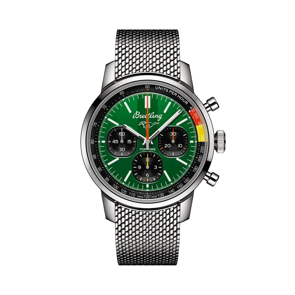 Breitling Top Time B01 Ford Mustang AB01762A1L1A1 men's chronograph watch, 41mm stainless steel case, green dial, steel mesh bracelet – front view