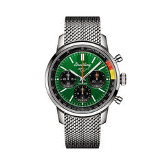 Breitling Top Time B01 Ford Mustang AB01762A1L1A1 men's chronograph watch, 41mm stainless steel case, green dial, steel mesh bracelet – front view