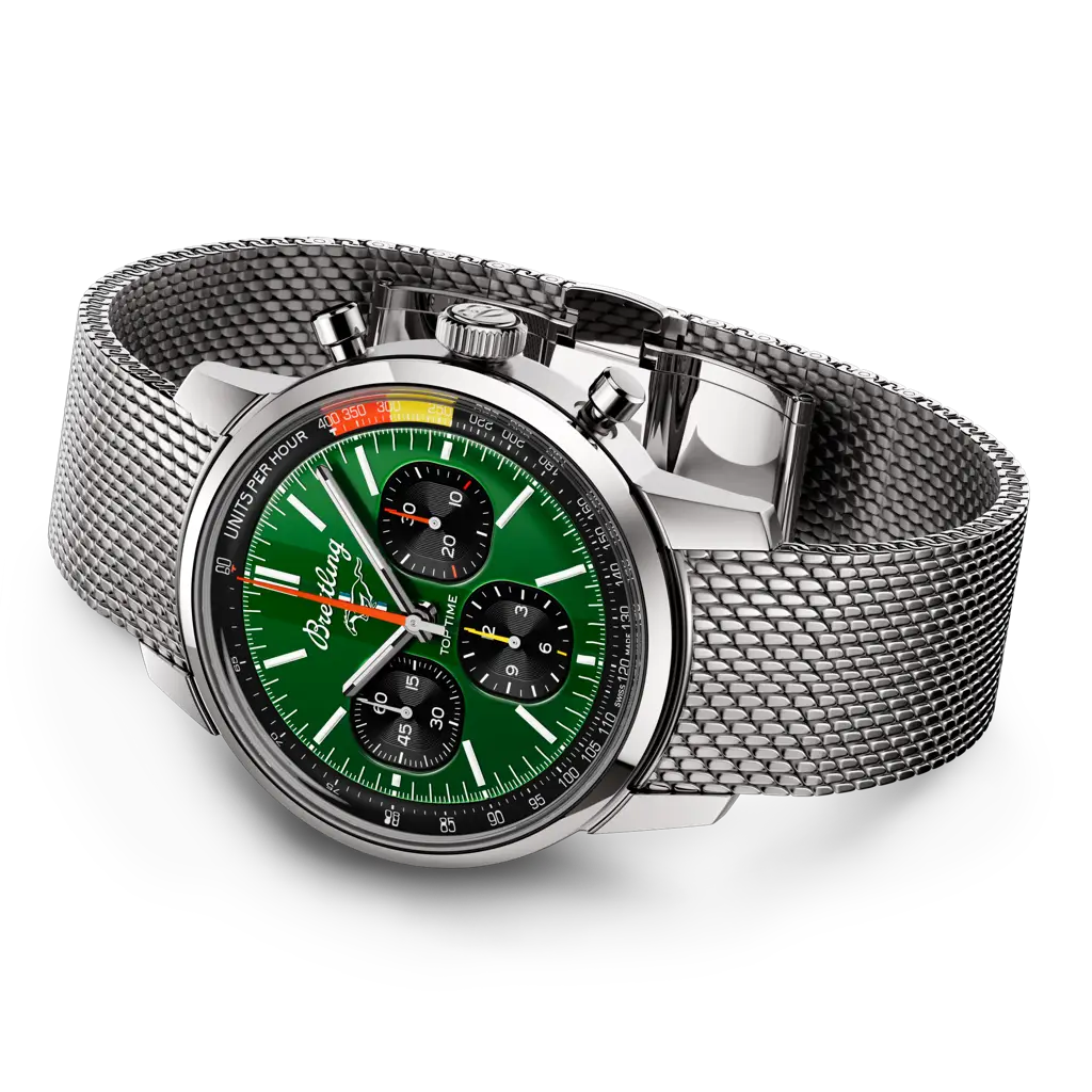 Breitling Top Time B01 Ford Mustang AB01762A1L1A1 men's chronograph watch, 41mm stainless steel case, green dial, steel mesh bracelet – side view
